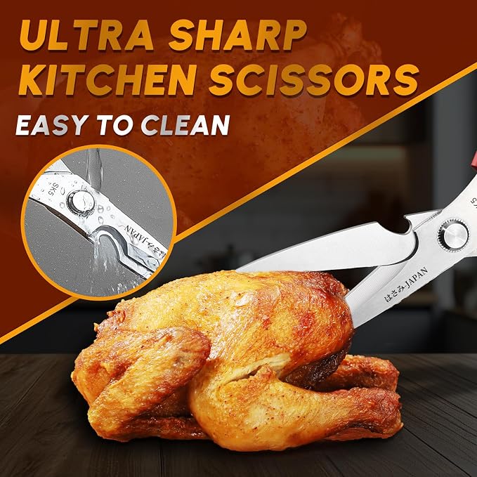 Huusk Kitchen Scissors Set Red - Japanese Kitchen Shears, Heavy Duty Poultry Shears, Sharp Meat Scissors for Food, Chicken Bones, and Turkey, Gifts for Women Men