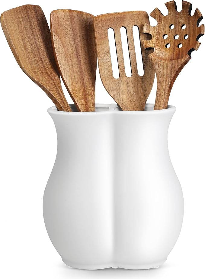 2026 Upgraded Vintage Kitchen Utensil Holder - Ceramic Utensil Crock Dual Compartment Curved, Modern Countertop Organizer for Farmhouse/Rustic Kitchen Decor(Matte White)