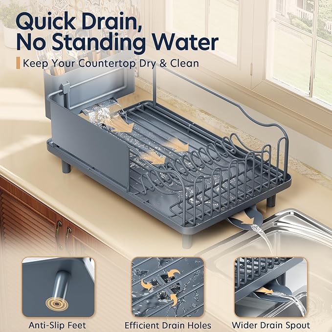 Dish Drying Rack Large Capacity - Stainless Steel Dish Rack for Kitchen Counter with Drain Board, Rustproof Dish Drainer with Auto Drain Spout, Utensil Holder & Glass Holder, Dinnerware Organizer