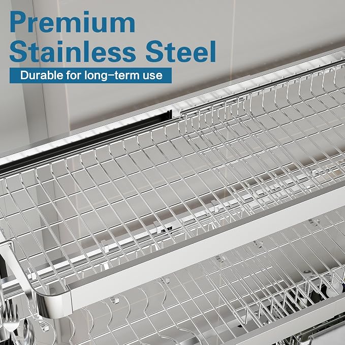 LIVOD Over The Sink Dish Drying Rack,3 Tier Adjustable Length Full Stainless Steel Large Storage Kitchen Dish Rack,for Kitchen Counter Expandable Multifunctional Organizers,Silver (25.5'' to 37.6'')