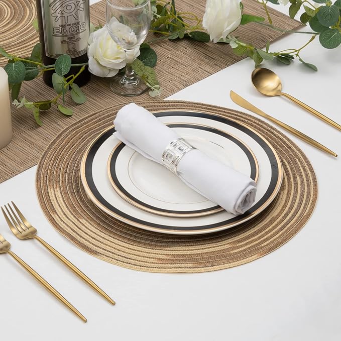 SHACOS Round Placemats Set of 6 Washable 15 inch Variegated Braided Round Place Mats Kitchen Table Mats (Rainbow Brown, 6)