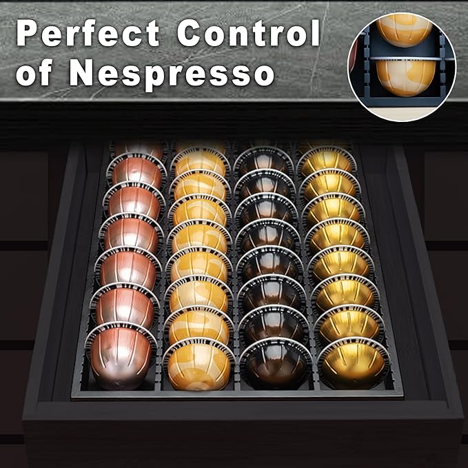 MinBoo Bamboo Coffee Pod Storage Holder Drawer Insert for Counter Compatible with Vertuoline Capsules for Kitchen, Home, Office, Coffee Station,Black