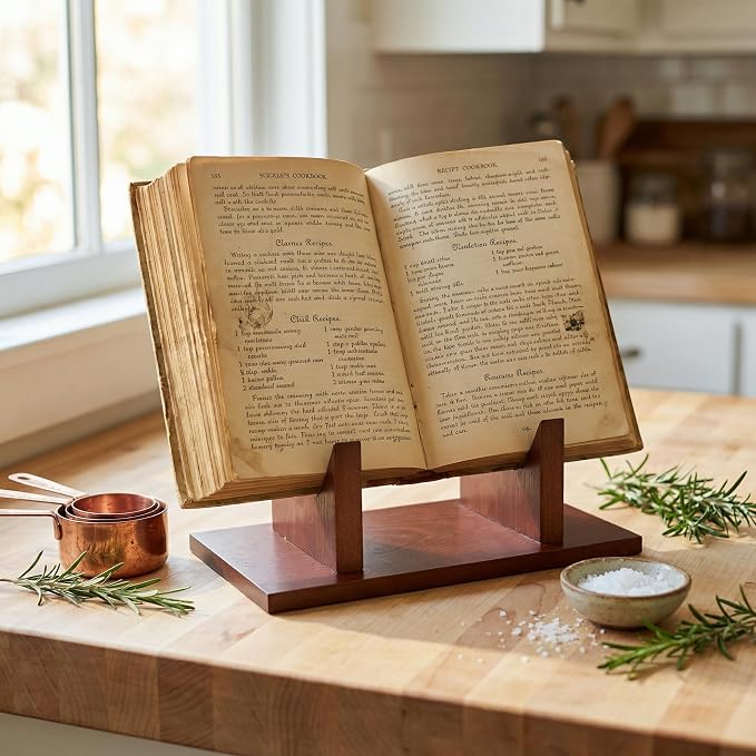 Wooden Cookbook Stand,Multifunctional Kitchen Book Stand,Cookbook Holder for Kitchen Counter Decor,Recipe Book Stand, Rustic Recipe Book Holder Stand