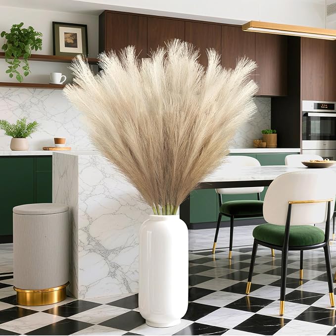 Torontokyo 8Pcs Beige Brown Faux Pampas Grass Tall Decor, 35.4” Fluffy Artificial Pompous Grass Branches, Large Pampas Grass Reed Stems for Floor Vase Filler, Wedding, Baby Shower, Home and Boho Decor