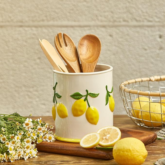 Bico Lemon Handpainted Stoneware 6 inch Utensil Holder, Dishwasher Safe, for holding Cooking Spatula, Utensil