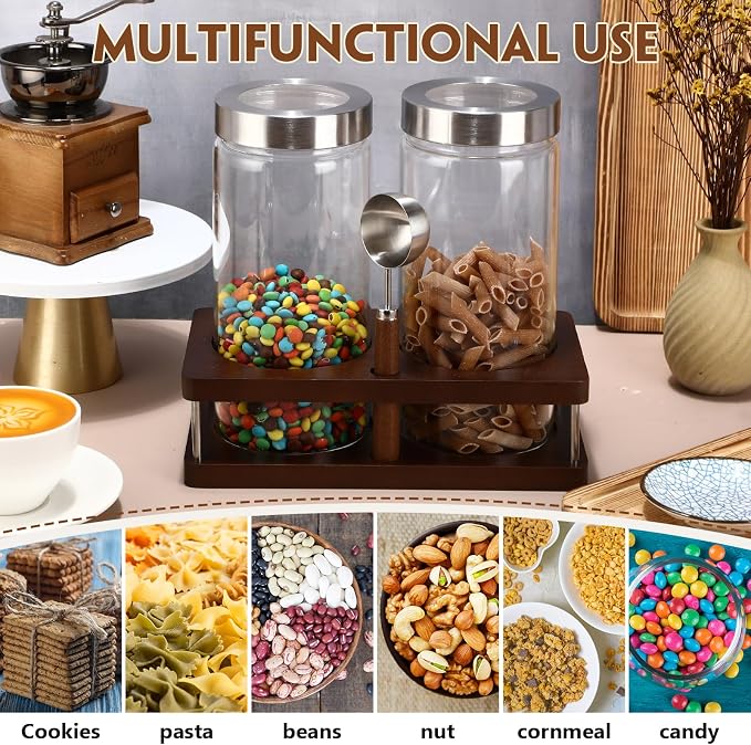 Suclain Glass Coffee Grounds Container with Shelf 2 x 44 oz Glass Coffee Bean Storage Canisters with Airtight Thread Lid and Measuring Spoon for Kitchen Sugar(Modern Style, Stainless Steel)