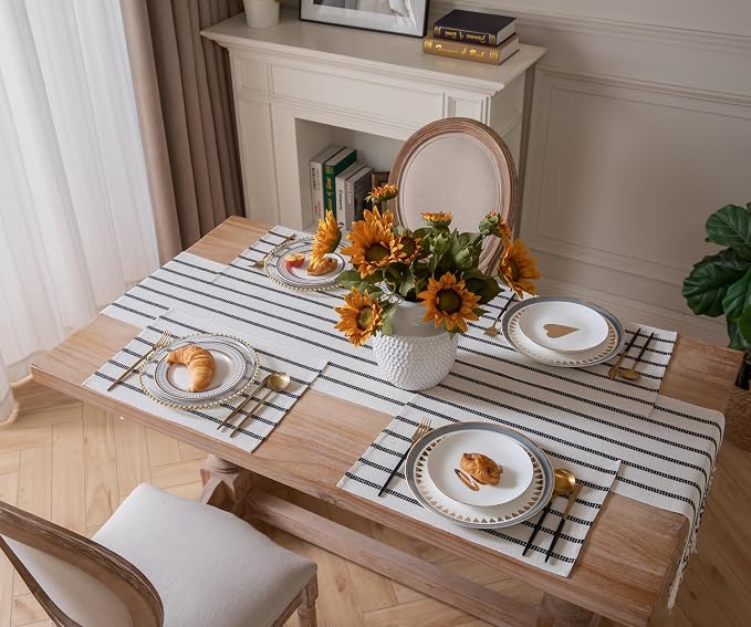 Caflife Boho Farmhouse Placemats Set of 6, Black Stripes Cotton Linen Woven Table Mats for Modern Dining Table, 13x19 Inch Rustic Kitchen Decor Place Mats