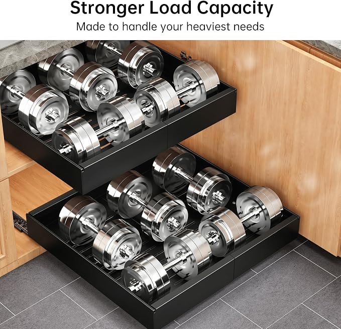 Pull out Cabinet Organizer, 2 pack, 20.5" Deep Heavy Slide out Drawers, Upgrade Three Triple-Slide Rail Systems, Expandable 12.8"-20.8" Roll out Shelf Storage for Kitchen Base Cabinet Organization
