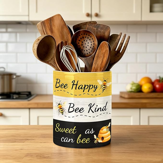 Bee Utensil Holder, Honey Bees Ceramic Kitchen Utensil Holder, Utensil Crock for Home Kitchen Countertop Storage Organizer Container, Large Holder for Spatulas, Spoons, Kitchen Counter Decor, 6"