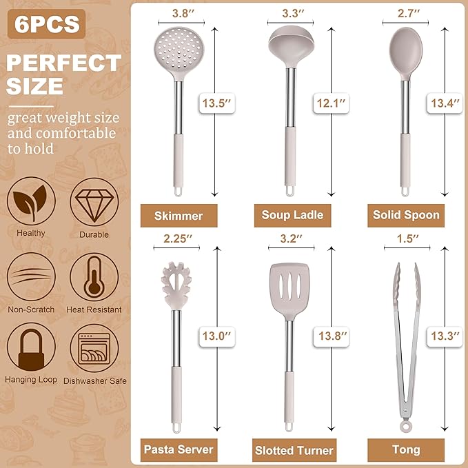 LIANYU Cooking Utensils Set of 6, Silicone Kitchen Utensils Set for Nonstick Cookware, Heat Resistant Kitchen Gadgets Tools, Includes Spatulas, Spoons, Tongs, Stainless Steel Handle, Khaki