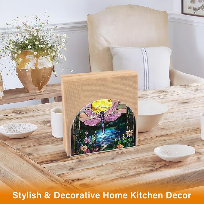 Fustylead Colorful Stained Glass Dragonfly Floral Napkin Holder for Table Acrylic Cocktail Napkin Holders Small Decorative Napkin Dispenser for Home Party Holiday Dining Kitchen Accessories