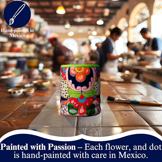 Talavera Utensil Holder – Hand Painted Ceramic Spoon Crock – Colorful Utensil Crock – Large Mexican Spoon Rest – 6" H (Green)