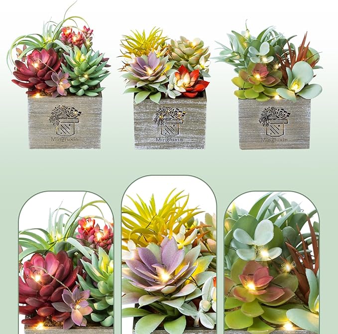 Succulents Plants Artificial with Light, Small Fake Plants in Pots for Home Decor, Potted Decorative Succulents Plants for Table Desk Bathroom Office Room Decor