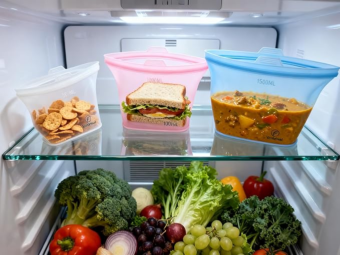 Reusable Silicone Food Storage Bags – 6 Pack Stand-Up Leakproof BPA-Free Silicone Bags for Meal Prep, Sandwich, Snacks & Freezer Storage (500ml, 1000ml, 1500ml)