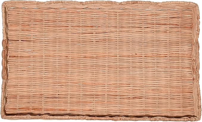 happimess TRY1000B Scalloped 21.5" Southwestern Cottage Hand-Woven Rattan Tray with Handles for Storage,Decoration, Display, Coffee Table or Serving Food, Light Brown