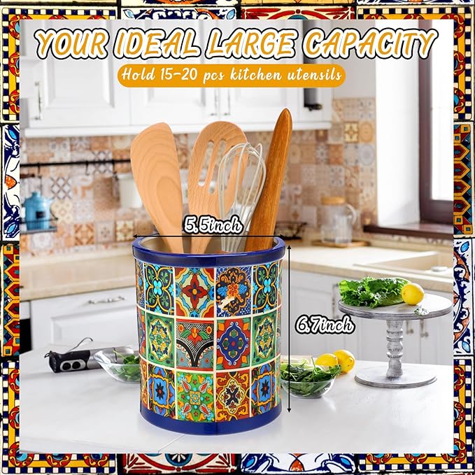 LemonRoad 6.7" H Talavera Utensil Holder for Kitchen Counter,Ceramic Cooking Utensil Crock Modern Farmhouse Countertop Organizer for Spatula Ladle Kitchen Counter Decor