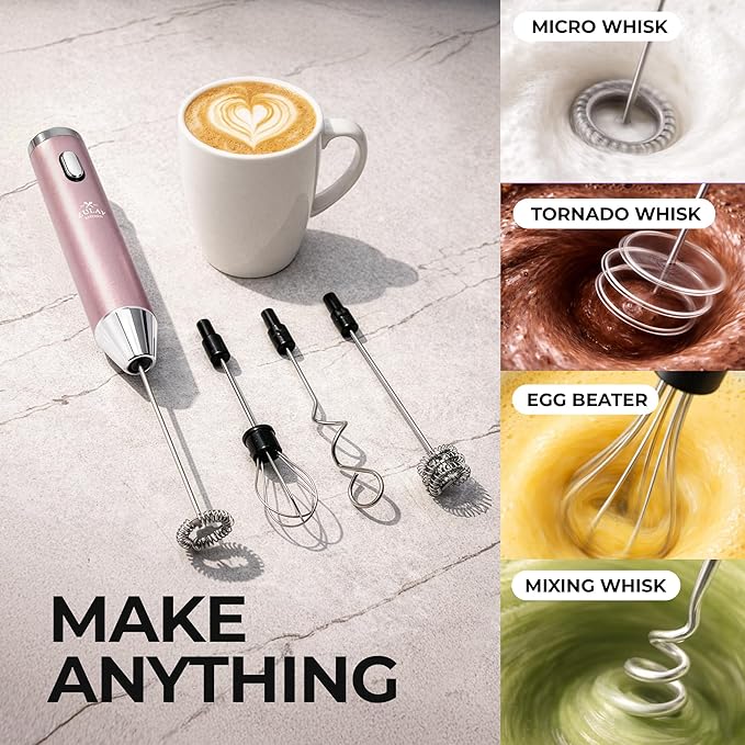 Zulay Kitchen Rechargeable Milk Frother Handheld - Frother Wand, Drink Mixer, Electric Whisk Frother, for Cappuccinos, Matcha & Protein Powder - Ultra Metal 3 Whisk, 1800mAh Pink