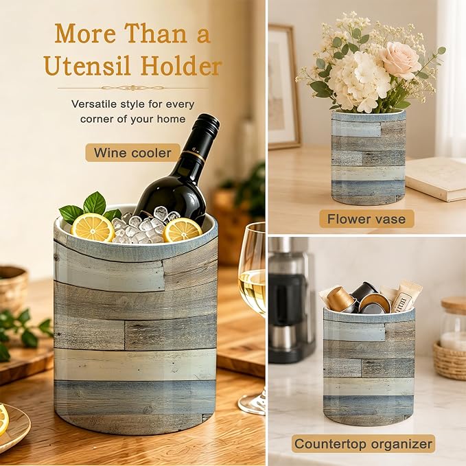 Rustic Wood Grain Kitchen Utensil Holder,Vintage Barn Wooden Ceramic Utensil Crock for Countertop,Cooking Tools Storage jar for Spatulas and Spoons,Housewarming Gifts 6.3"