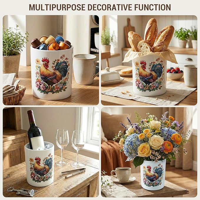MyGift Farmhouse Rooster Floral Ceramic Kitchen Utensil Holder – Decorative Crock for Cooking Utensils, Flatware, and Countertop Storage