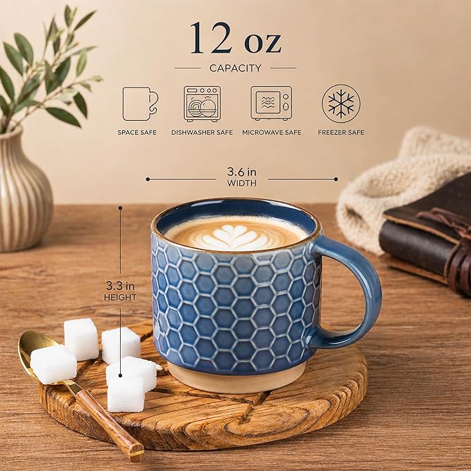 GBhome 12 OZ Stackable Coffee Mugs Set of 6, Ceramic Coffee Mugs with Texture Patterns for Man,Woman,Dad,Mom, Modern Coffee Cups for Latte/Cappuccino/Cocoa. Dishwasher&Microwave Safe