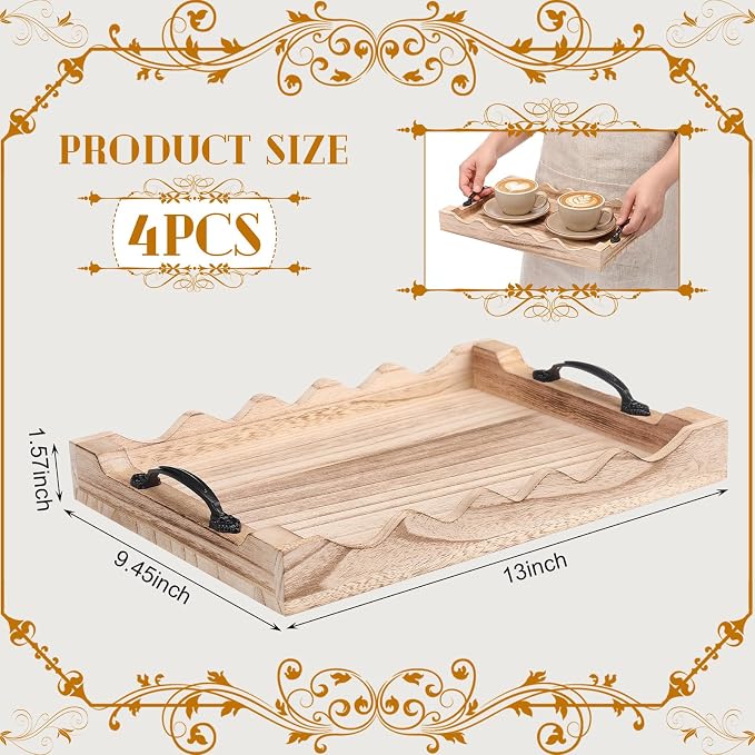4 Pcs Rustic Wood Scalloped Serving Tray Wood Decorative Serving Tray with Handle Rustic Rectangular Platter 13 x 9.5 for Farmhouse Ottoman Breakfast Coffee Table Home Kitchen Decor(Burnt)