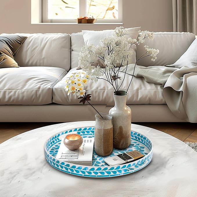 MAONAME Blue Decorative Tray, 13" Round Serving Tray with Handles, Leaf Pattern Sticker Trays for Coffee Table, Plastic Trays for Living Room, Bedroom