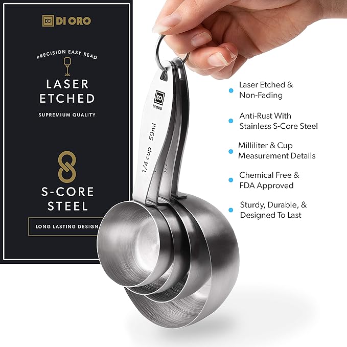 New DI ORO 4-Piece 18/8 Stainless Steel Measuring Cup Set - Easy-to-Read Measurements - For Dry and Liquid Ingredients - Great Kitchen Tools for Cooking and Baking - Dishwasher Safe and Easy to Clean