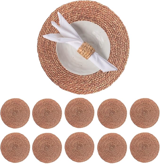 Laquedecraft 13.8" Set of 10 Round Brown Seagrass Placemats | Boho Woven Rattan Table Mats | Farmhouse Wicker Spring Corn Husk Plate Chargers (Brown)