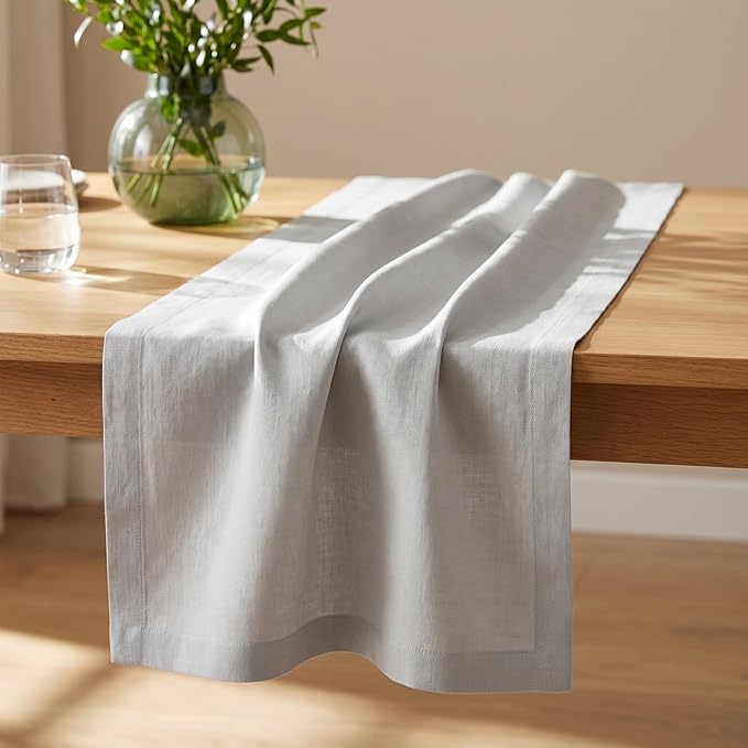 Solino Home Linen Table Runner 108 Inches Long - 100% Pure Linen Silver Cloud Dining Table Runner 14 x 108 Inch - Fete