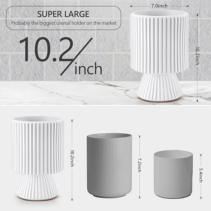 Extra Large Ceramic Utensil Holder for Countertop, Utensil Organizer, Morden Aesthetic Crock for Kitchen Decor - White