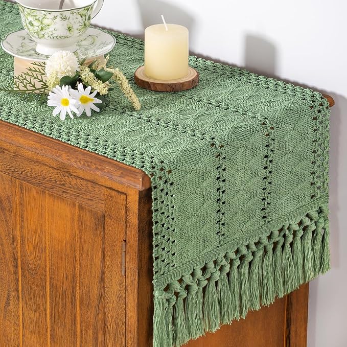 Socomi Boho Table Runner Macrame Long Summer Farmhouse Woven Cotton Linen Rustic Coffee Table Runner with Tassels for Dresser Scarf Home Decor Dining Room Sage Green 12x108 inch