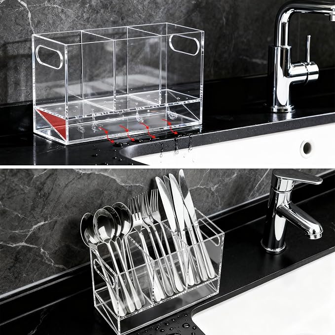 Utensil Holder, Upgrade Stainless Steel Utensil Drying Rack with Automatic Drain Tray for Kitchen Counter, Silverware Cutlery Organizer for Spoons, Forks, Knifes, Chopsticks (Clear Acrylic)
