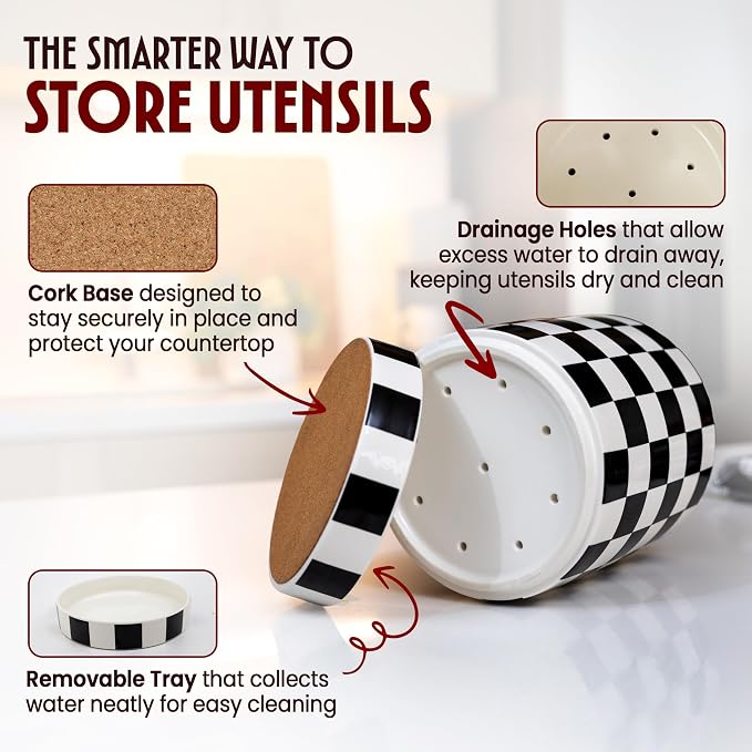 Checkered Utensil Holder for Kitchen Counter – Ceramic Utensil Holder for Checkered Kitchen Decor - Black and White Utensil Holder with Drainage Holes & Cork Base - Spatula Holder for Counter 7x6"