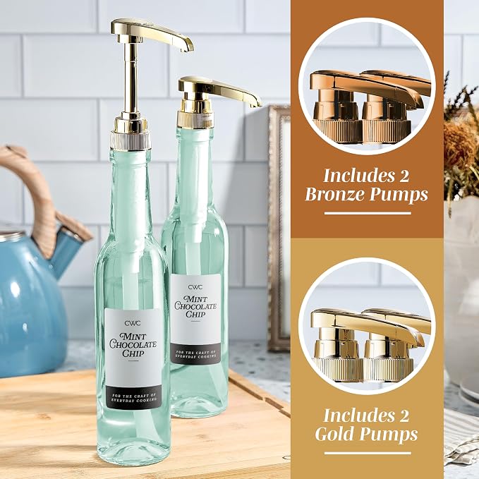 COOK WITH COLOR Glass Coffee Syrup Dispenser with Pump- Set of 2 Syrup Bottles for Coffee Bar, Decorative 350 ML Bottle with Ceramic Holder, Funnel, Labels and Extra Pumps, Sage