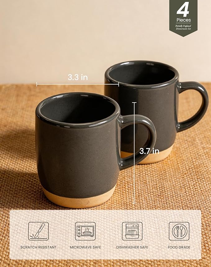 OTAGO Coffee Mugs for 4, 12 oz Mug Set, Partially Unglazed Base,Dringking Cup with Handle for Coffee, Tea, Cocoa, Milk, Gray