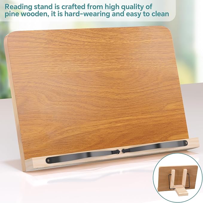 Book Stand,8 Adjustable Height Holder Tray with Elastic Page Paper Clips for Textbook/Cookbook/Music Scores/Tablet,Lightweight Reading Hands Free Desktop Document Book Mount,Bamboo Reading Holder