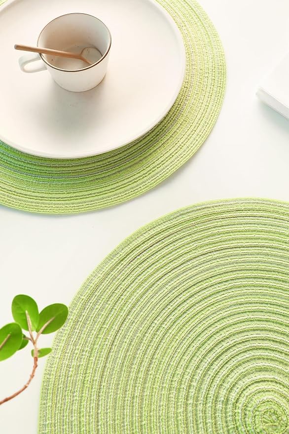 Floroom 15 Inch Round Braided Placemats Set of 6, Washable Heat Resistant Cotton Polyester Circle Place Mats for Kitchen Dining Table - Spring Green