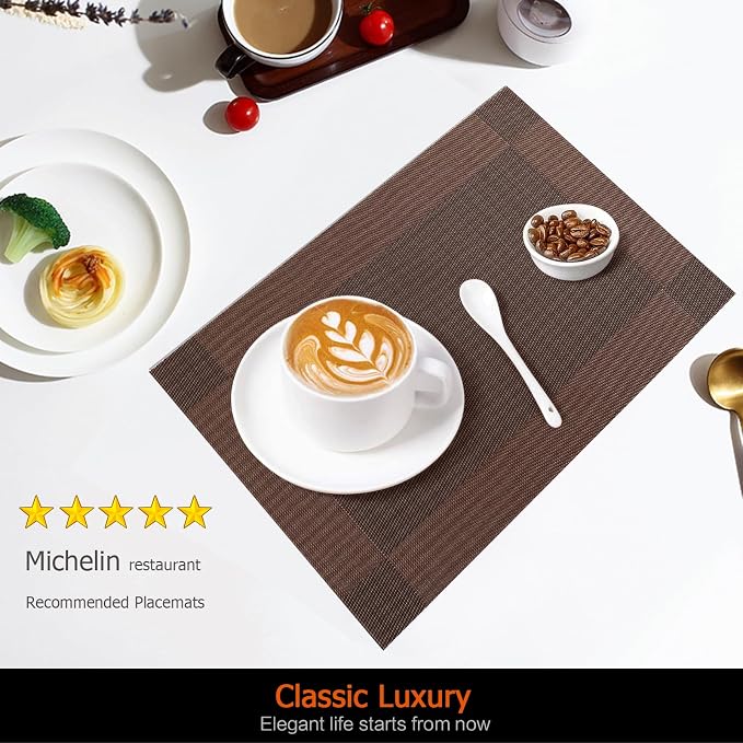 Placemats Set of 6 Washable&Wipeable Place mats for Dining Table Kitchen Indoor Outdoor Table Mats Heat Resistant Non Slip Woven Vinyl Table Placemats (Brown，6PCS)