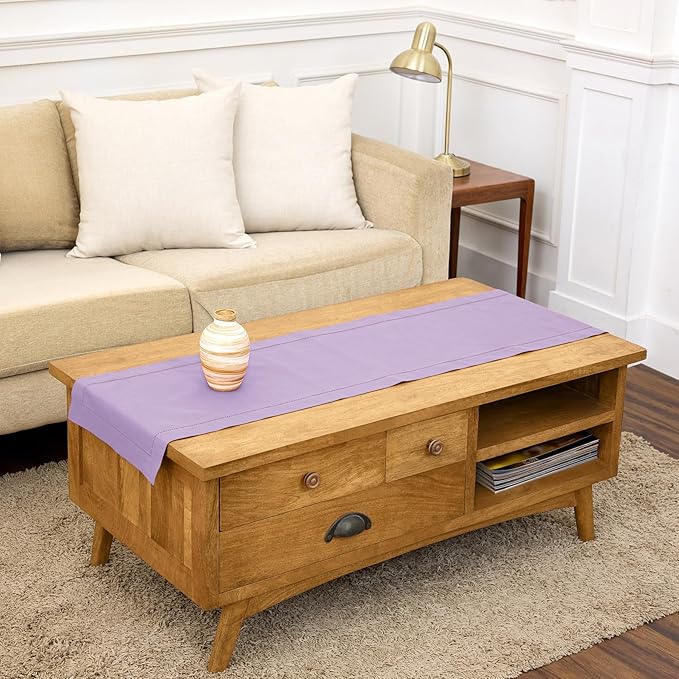Solino Home Cotton Linen Table Runner 48 Inches - Lavender Ice Hemstitch Table Runner 14 x 48 Inch Ideal for Dresser and Coffee Tables - Spring, Summer