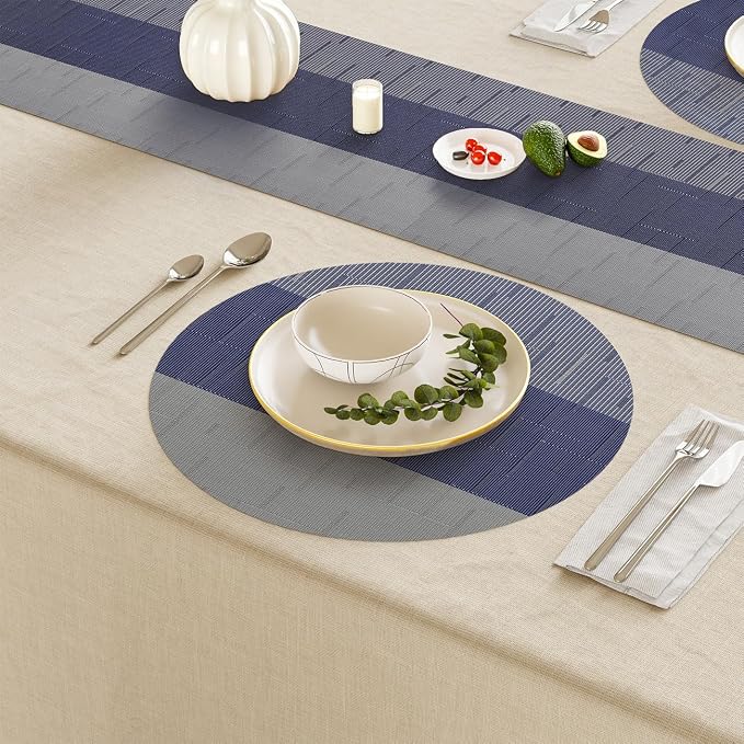 Round Placemats Set of 6, 15 Inch Woven Vinyl Heat Resistant Place Mats, Washable Non Slip PVC Table Mats for Kitchen Dining Party Outdoor Table Decor (Blue Gray, 6)