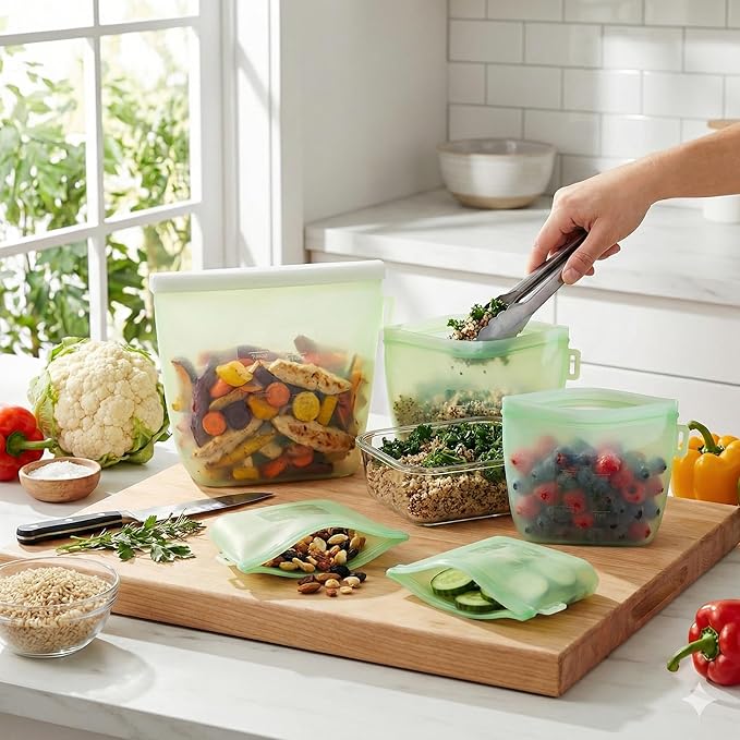 Zyra Reusable Silicone Food Storage Bag Set – 3 Sizes (500ml, 1000ml, 1500ml) – Leakproof, Foldable, Microwave & Freezer Safe, BPA-Free, Dishwasher Safe, Eco-Friendly Meal Prep. (Plain Green)