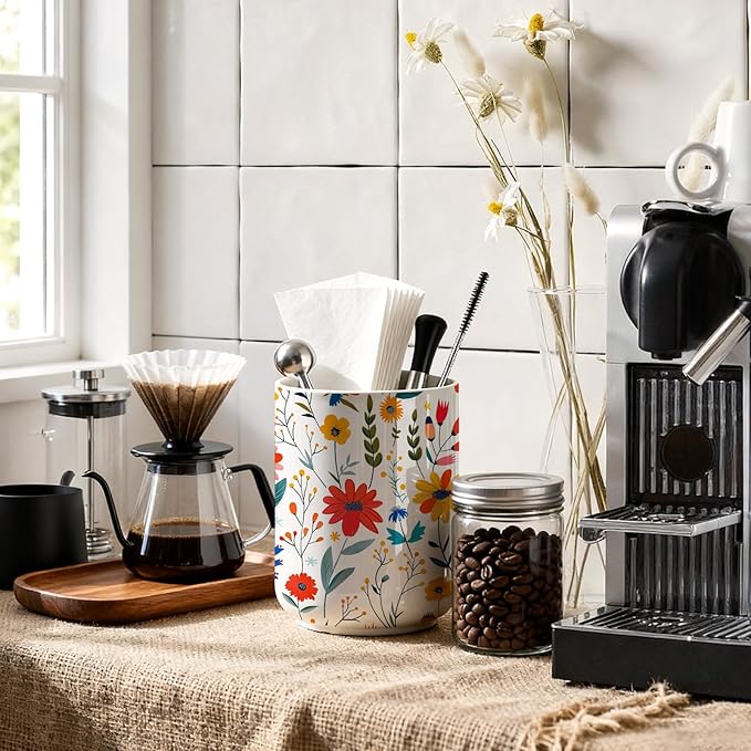 Wildflowers Utensil Holder,Countertop Ceramic Utensil Holder,Large Cooking Utensil Crocks for Kitchen Counter Decor,Ceramic Vase for Kitchen Utensils,6.3"+4.7"(Kitchen Stories Among Flowers)