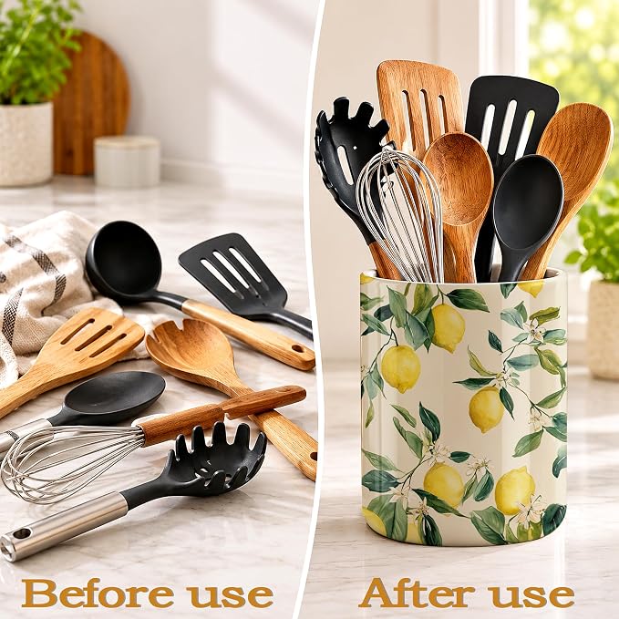 Kitchen Utensil Holder,Lemon Vintage Large Ceramic Utensil Crock Organizer for Spatulas,Spoons and Cooking Tools,Kitchen,Home Decoration 6.3"