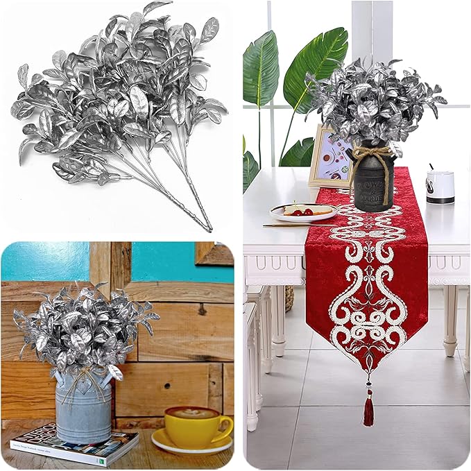 CATTREE Artificial Silver Leaves Christmas Plants 4 Pack, Plastic Leaf Bouquet Faux Gold Plant Fake Shrubs Simulation Bushes for Wedding Hall Table Centerpieces Floral Arrangement Filler DIY Décor