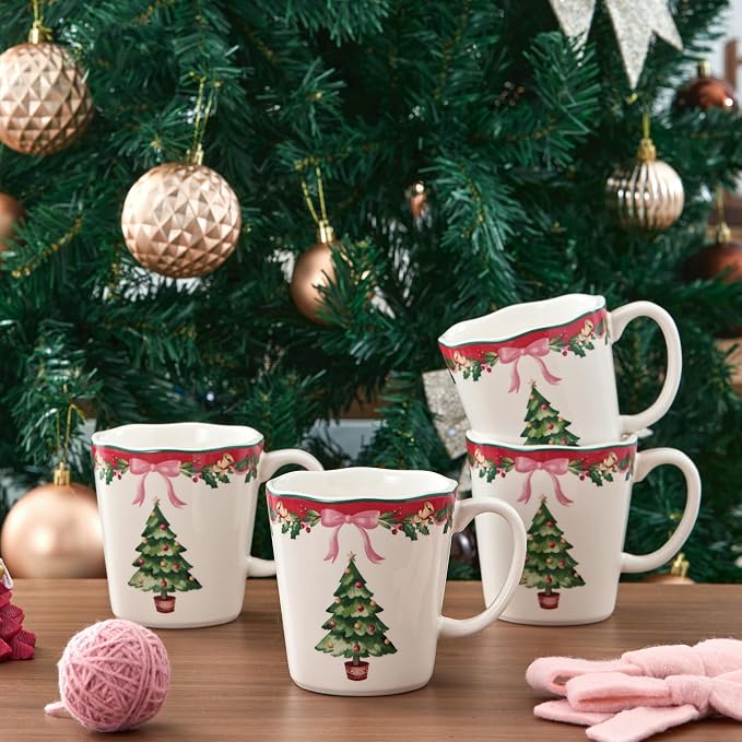 Bico Ribbon Christmas Scalloped Ceramic Mug Set of 4, Christmas Coffee Mugs, 15oz Holiday Cups for Tea, Cocoa, or Hot Drinks, Microwave & Dishwasher Safe