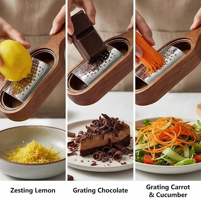 Handheld Cheese Grater with Wooden Container, Stainless Steel Grater Shredder & Zester - for Parmesan, Lemon, Chocolate, Perfect Kitchen Gift & Italian Cooking Gadget