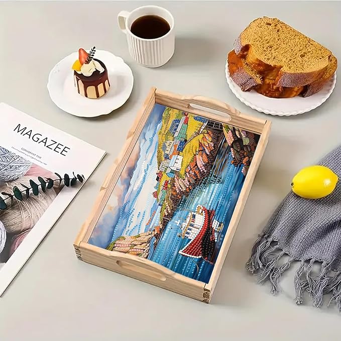 BAYUNOE DIY Diamond Serving Tray Rectangular Breakfast Tray with Handle Handmade Diamond Art Painting Wooden Tray Spring Creative Dinner Plate Coffee Room Living Home Organizer-Seaside Village