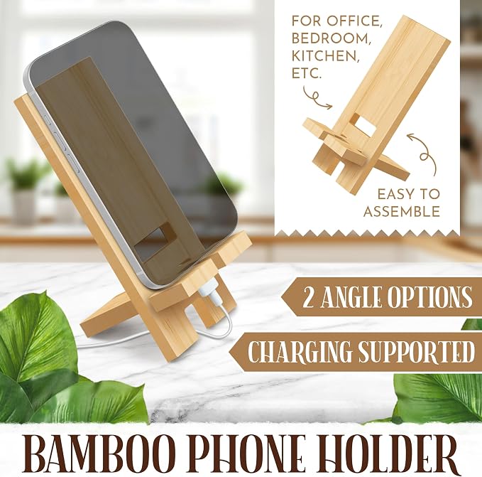 Acacia Cookbook Stand for Kitchen Counter – Adjustable Wooden Recipe Book Holder for Cookbooks, Recipe Binders & Tablets | Foldable Wood Book Stand with Bamboo Phone Holder | Gift-Ready Kitchen Set