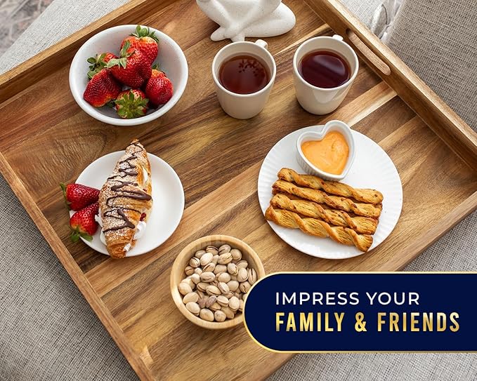 Extra Large (22") Comfify Square Premium Acacia Wood Ottoman Tray with Handles - Use for Serving Food in Style for Dinner, Breakfast, Snacks, BBQ, Entertaining Guests & More - Brown