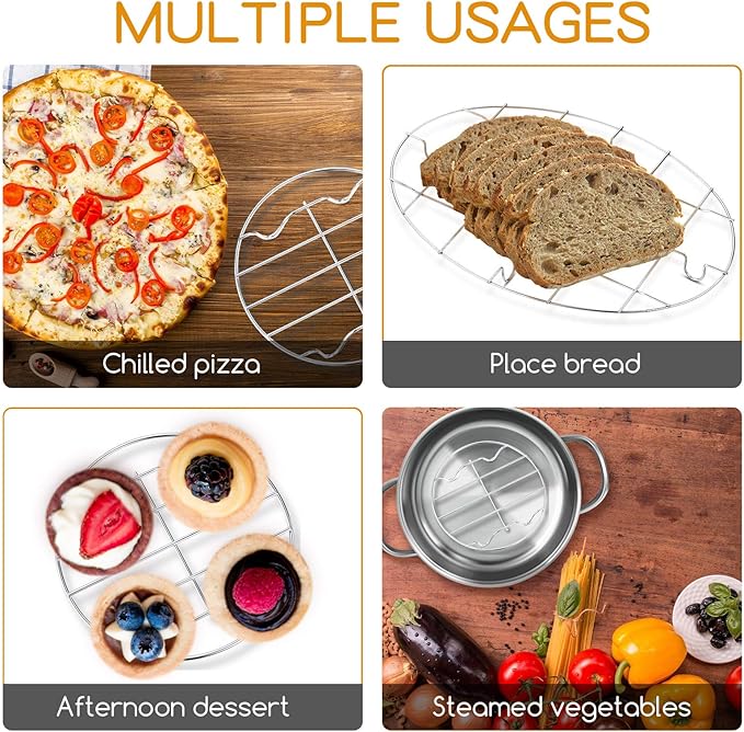 2 Pieces Small Roasting Rack Set, 9.8 x 6.7 Inch Oval Cooling Rack, 6 Inch Round Baking Rack Multifunctional 304 Stainless Steel Steamer Rack for Steaming Oven Air Fryer Pressure Cooker Dishwasher